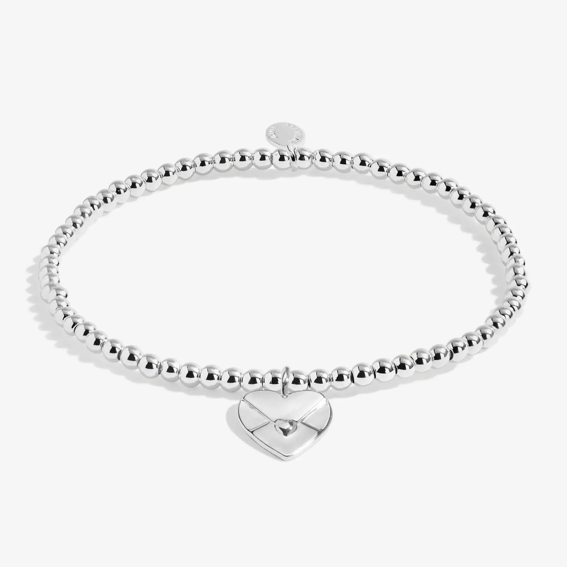 Silver beaded bracelet with heart shaped envelope charm