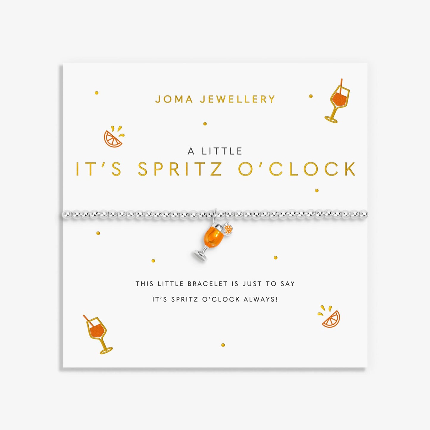 Silver beaded Joma bracelet with orange enamel and silver cocktail drink charm on a sentiment on the card