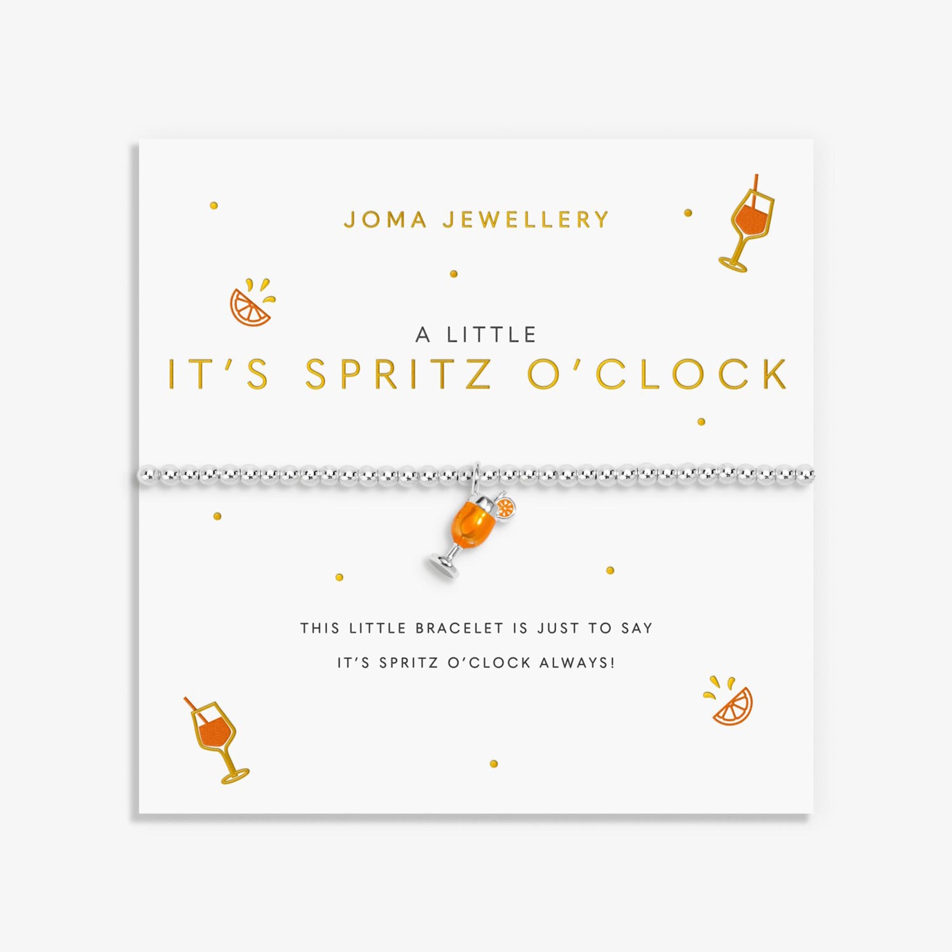 Silver beaded Joma bracelet with orange enamel and silver cocktail drink charm on a sentiment on the card