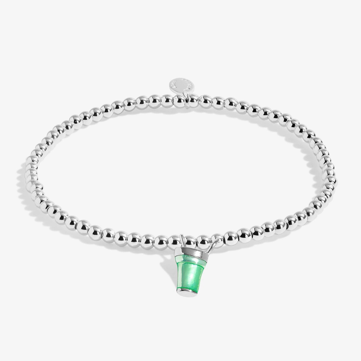 Silver beaded stretch bracelet with green enamel matcha drink charm