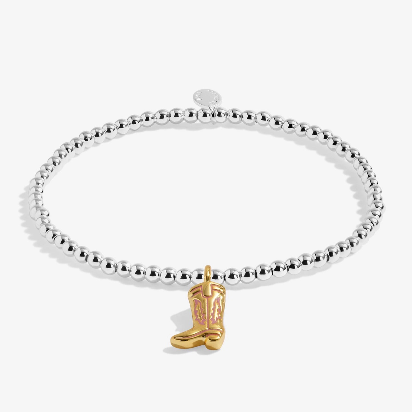 Silver beaded bracelet with gold and pink enamel cowgirl boot charm