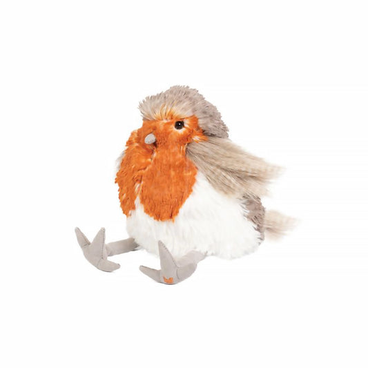 A stuffed robin bird plush toy with the Wrendale logo embroidered on the bottom of its foot 