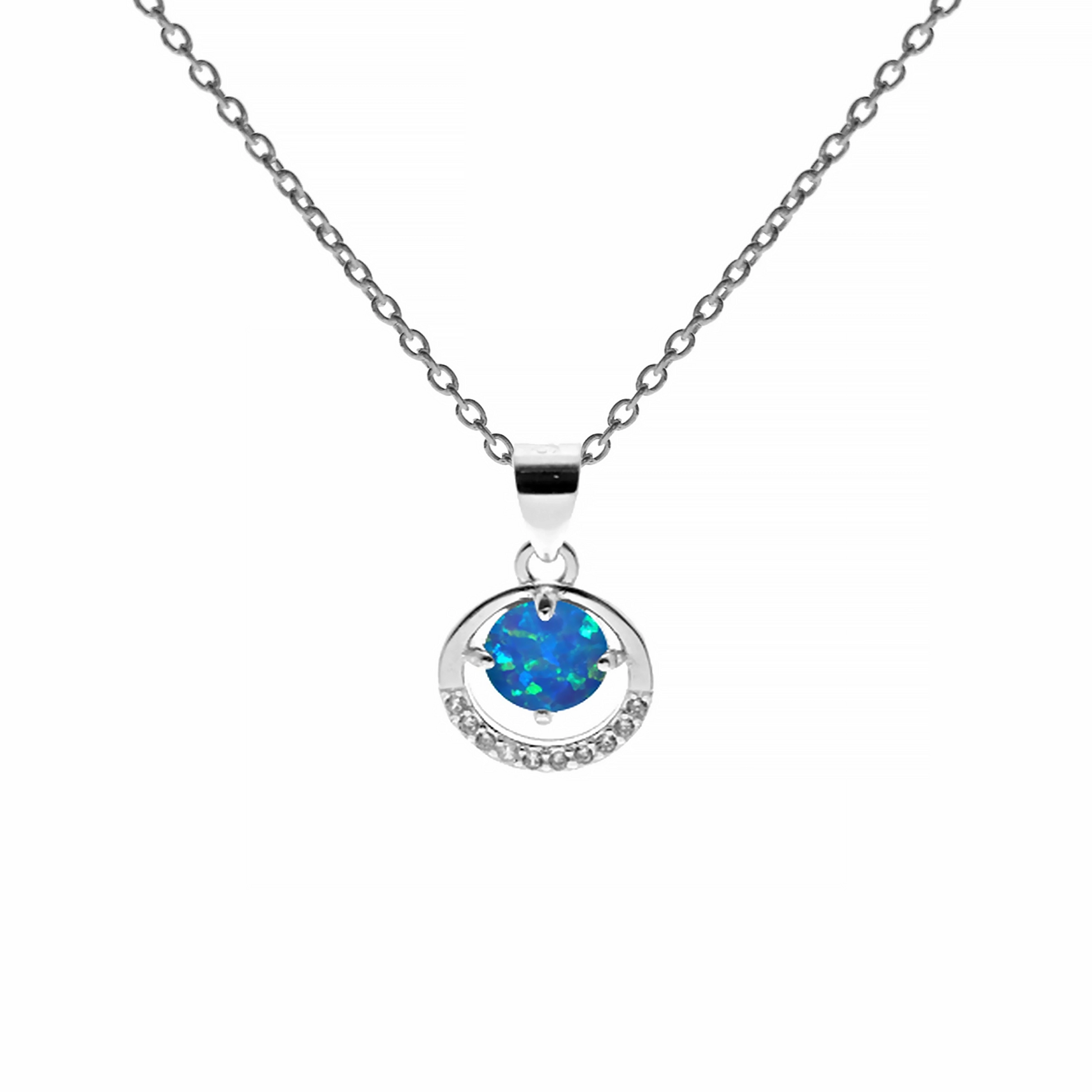 Round silver pendant with a ring of CZ stones and a bright blue synthetic opal in the centre