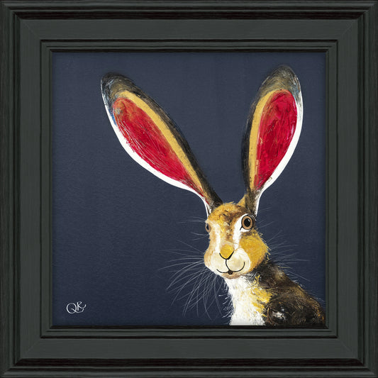 A dark square framed print featuring a hair with long ears