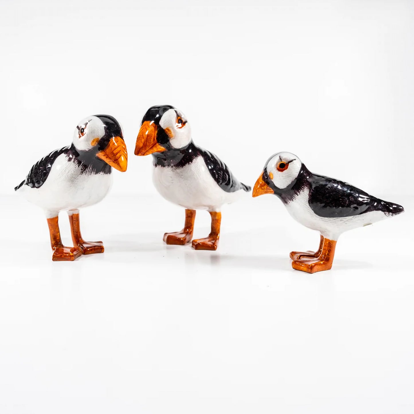 Set of 3 small black, white and orange shiny enamel puffin ornaments