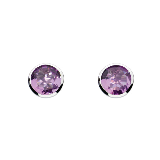 A pair of round silver stud earrings with faceted amethyst stones