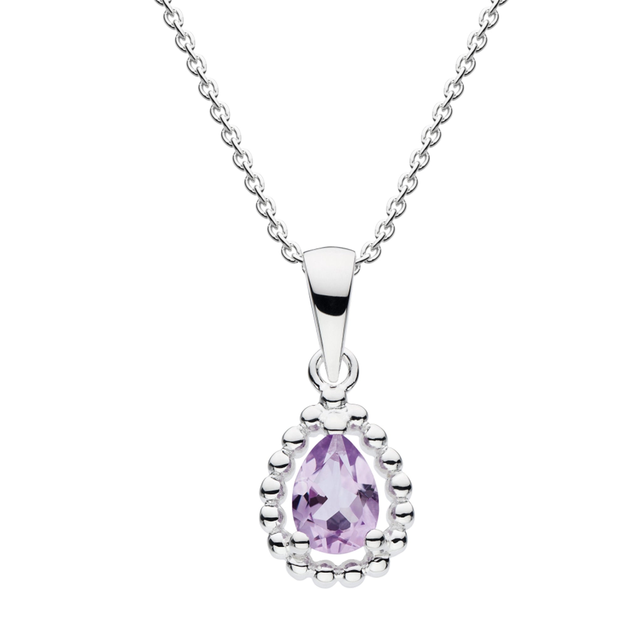 A faceted amethyst stone teardrop pendant with silver bead surround
