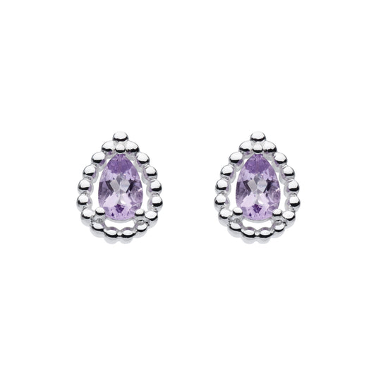 Faceted amethyst stone teardrop stud earrings with silver bead surround
