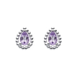 Faceted amethyst stone teardrop stud earrings with silver bead surround