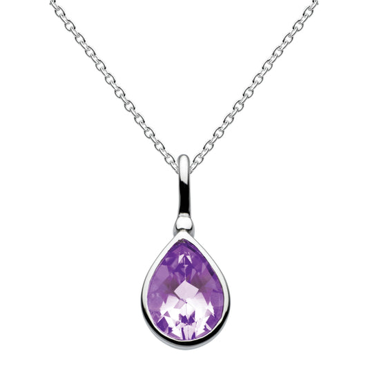 A teardrop pendant with a faceted amethyst stone in a silver surround