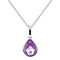 A teardrop pendant with a faceted amethyst stone in a silver surround