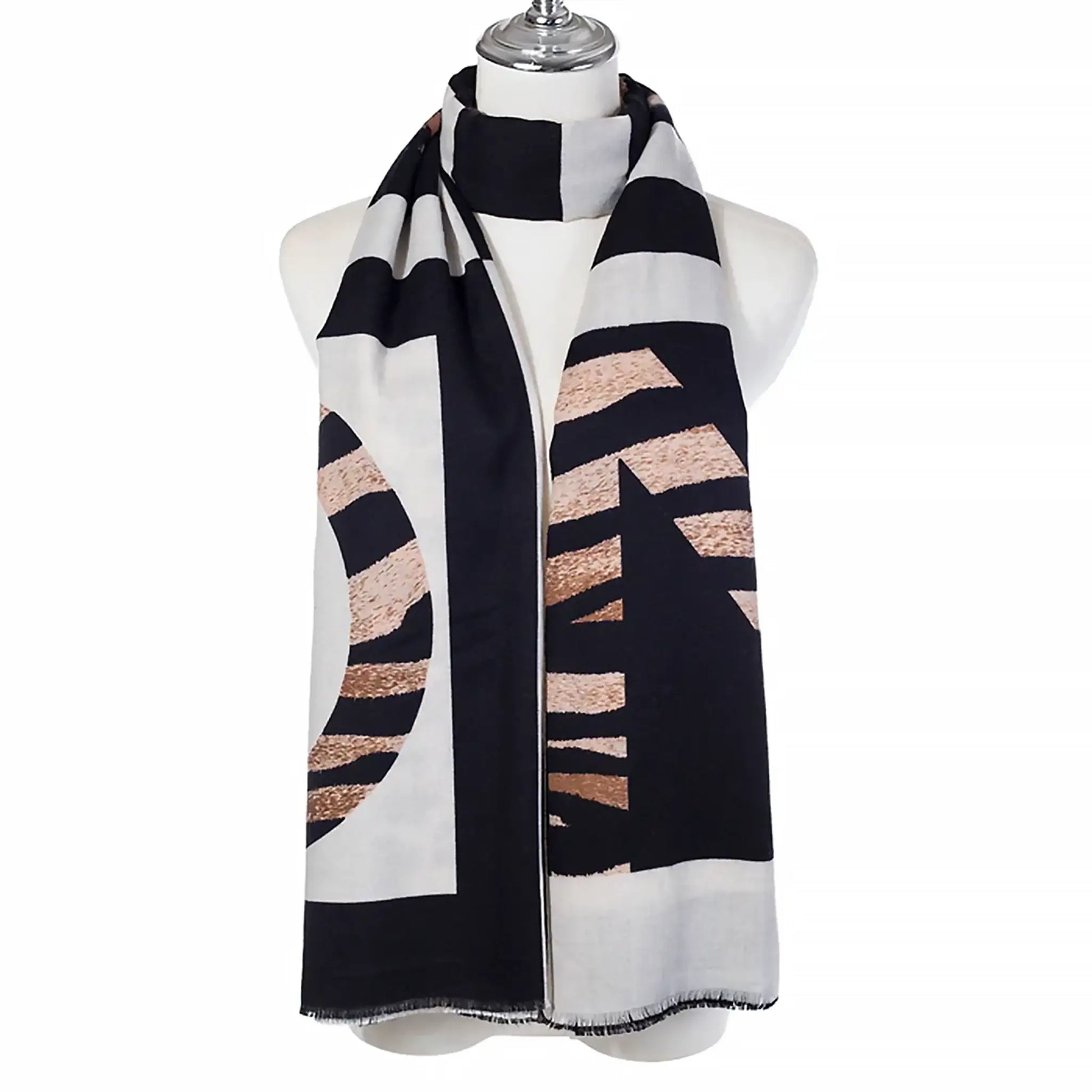Animal print black and linen scarf with letter pattern