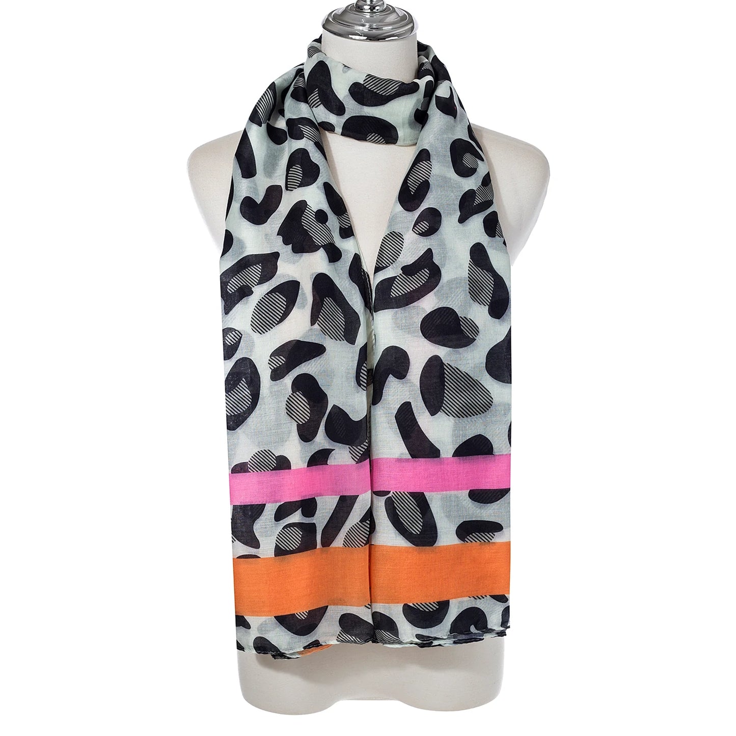 graphic animal print scarf with orange and pink stripe