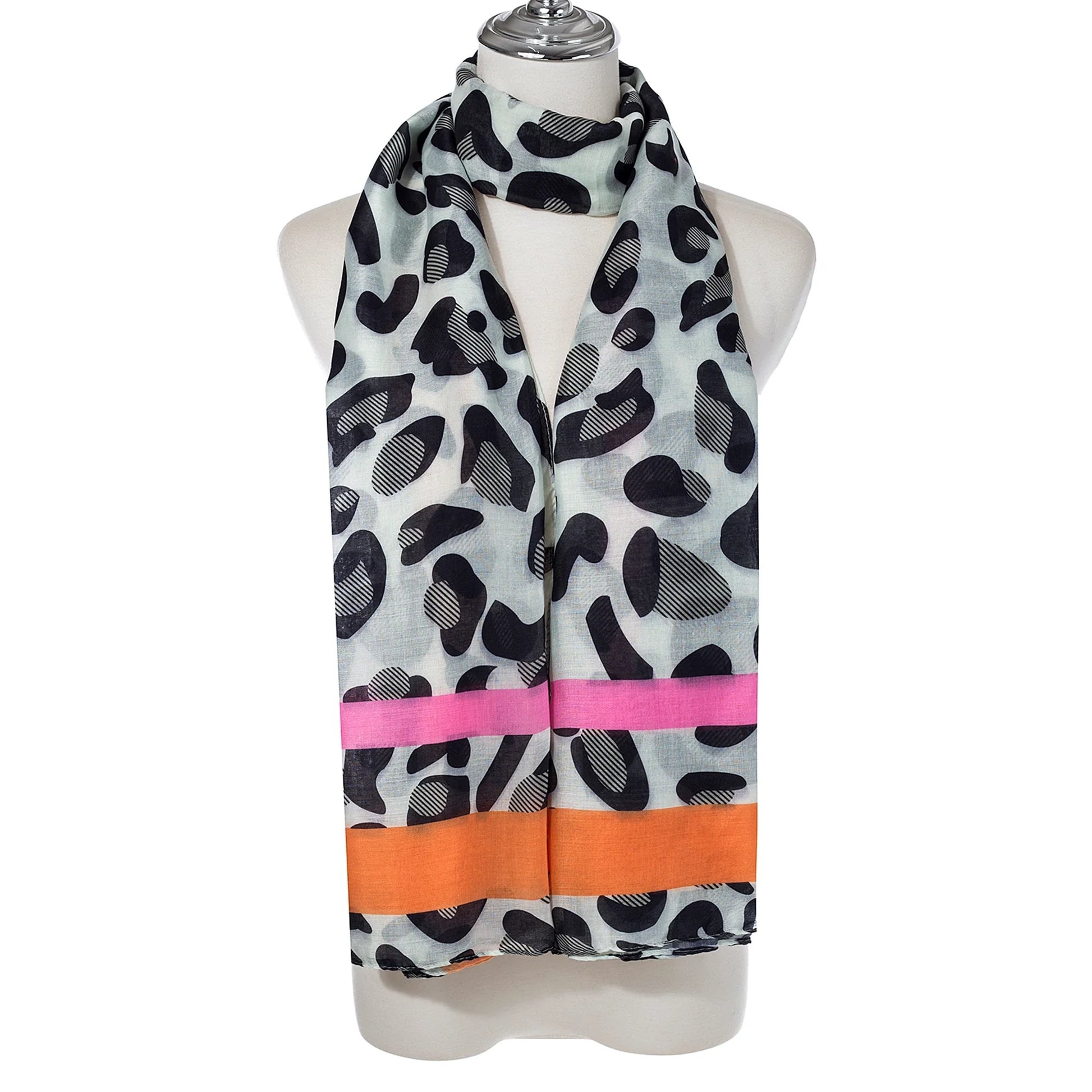 graphic animal print scarf with orange and pink stripe