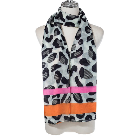 graphic animal print scarf with orange and pink stripe