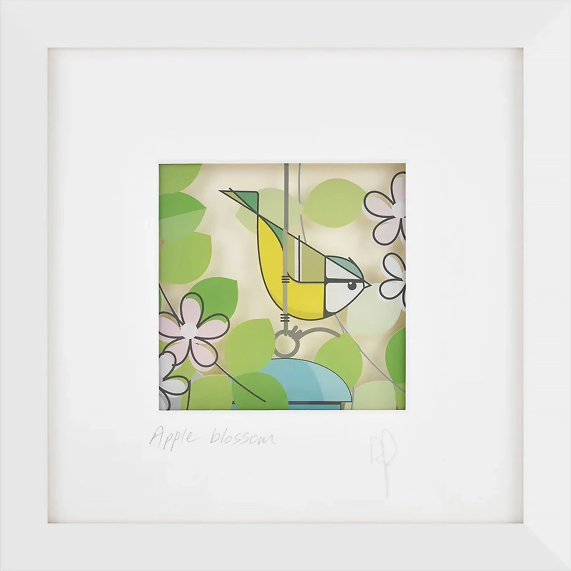 Square framed print featuring printed acrylic art of blue tit bird in an apple tree