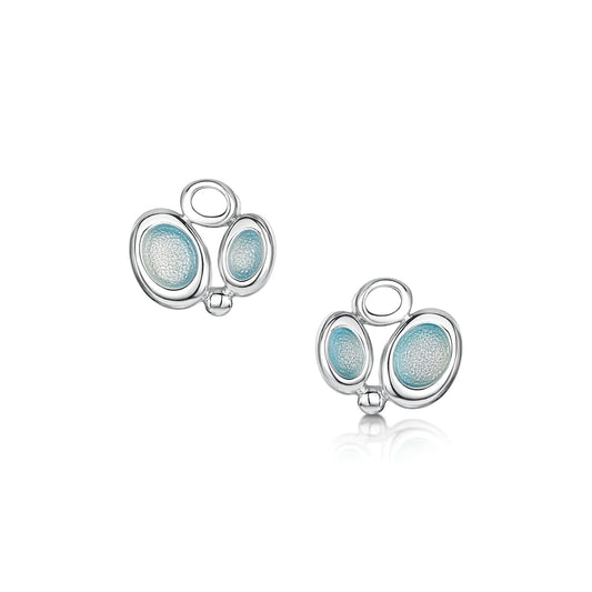 Pair of silver stud earrings with blue enamel pebble shapes in round silver circles representing ice.