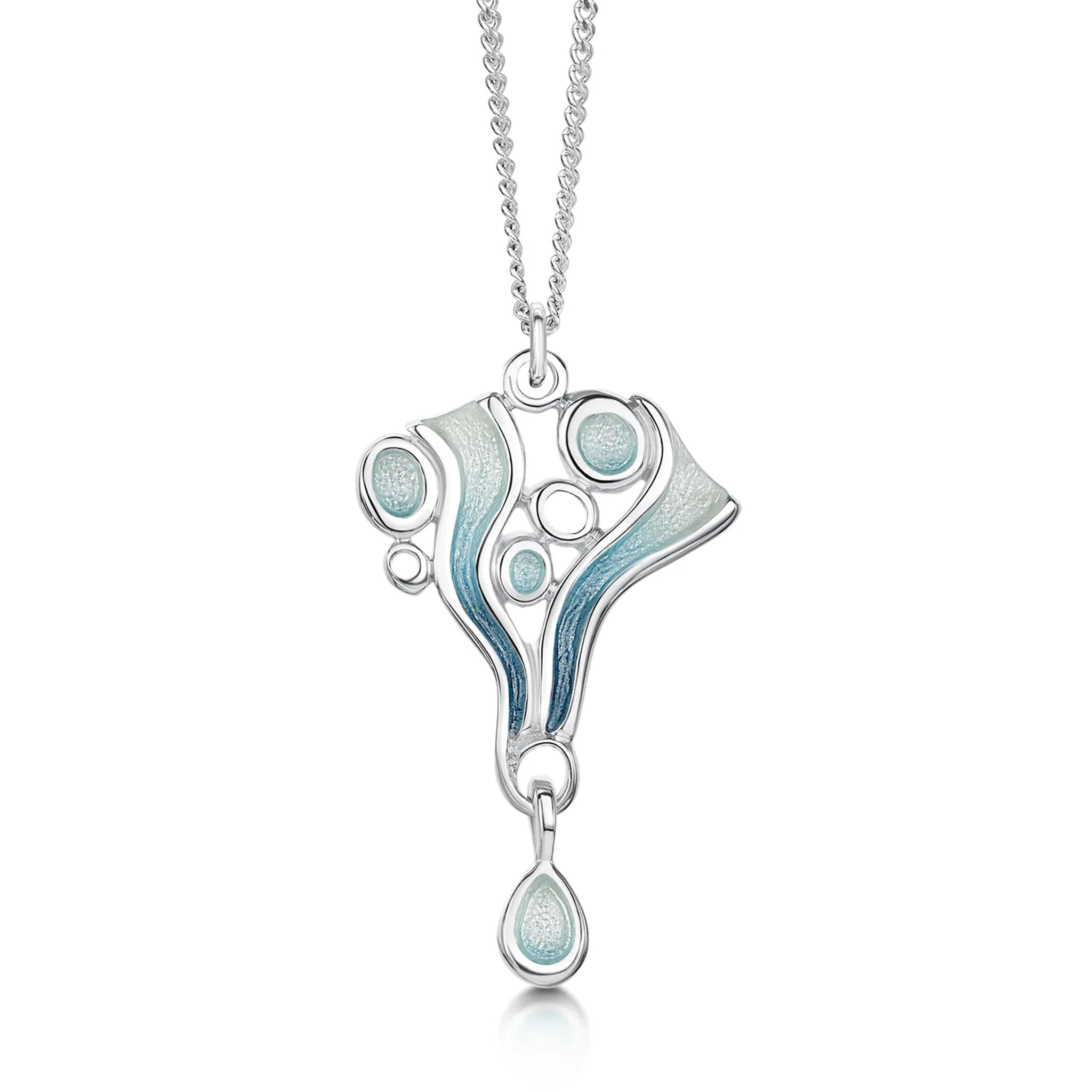 Silver pendant on chain with blue enamel shapes like water and round open silver circles to represent ice.