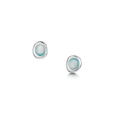 Small pebble shaped silver stud earrings with icy blue enamel centres.