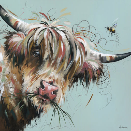 Light blue canvas print of a Highland cow with a little bumble bee