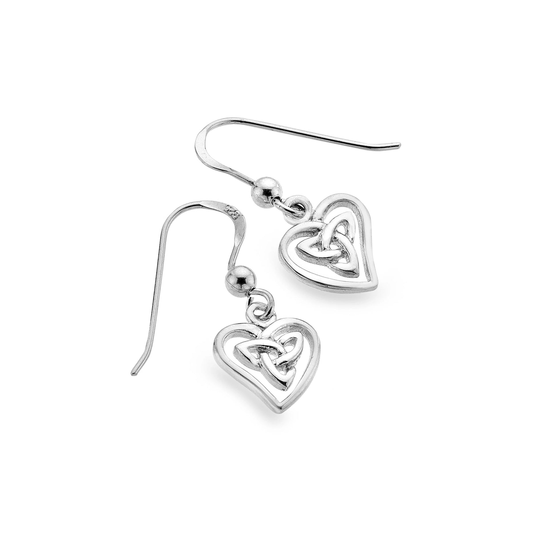 Silver drop earrings with Celtic trinity knots inside asymmetrical heart frames on hook fittings