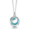 Round silver pendant with blue enamel ocean wave shaped swirl on silver chain
