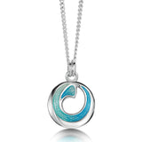Round silver pendant with blue enamel ocean wave shaped swirl on silver chain