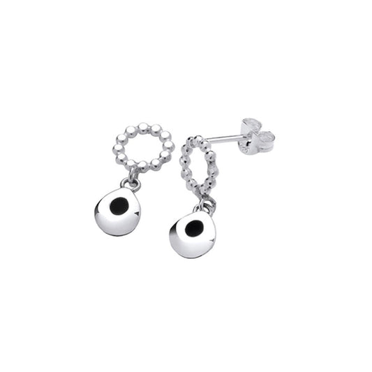 A silver pair of stud earrings featuring dangling silver teardrops and a ring of circles design
