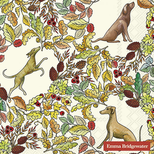 Paper napkins with autumn design of dogs surrounded by leaves, berries and pinecones