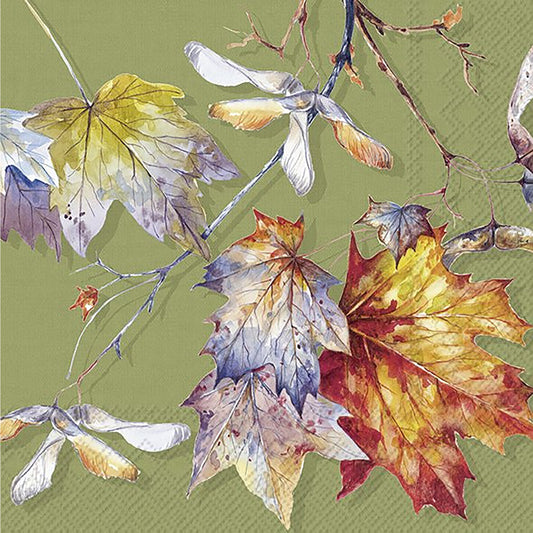 Green paper napkin with watercolour style autumn leaves design with red, blue and yellow colours