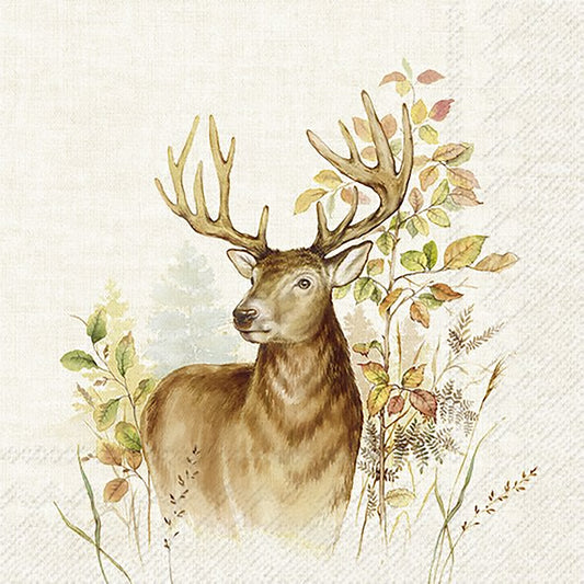 Paper napkins in natural linen colour with illustration of a stag in autumn foliage