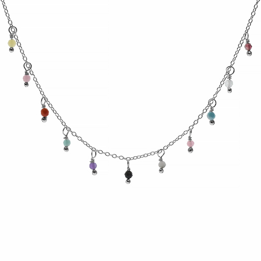 Silver chain necklace with multicoloured dangling beads