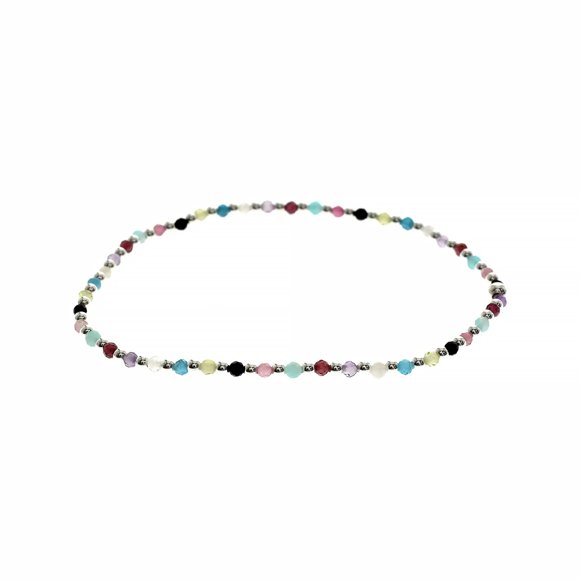 Stretch bracelet with multicolour semi-precious gemstone beads and silver spacers