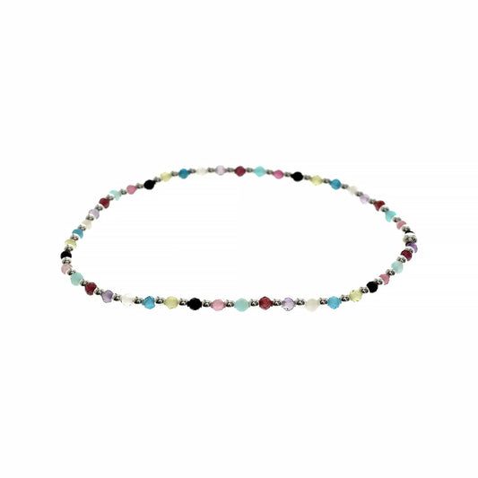 Stretch bracelet with multicolour semi-precious gemstone beads and silver spacers