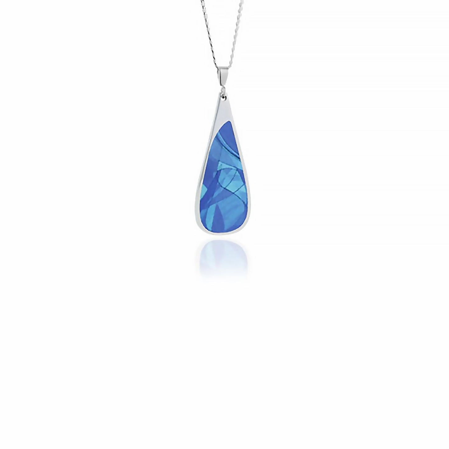 A silver teardrop pendant with inset aluminium abstract design in different blue hues
