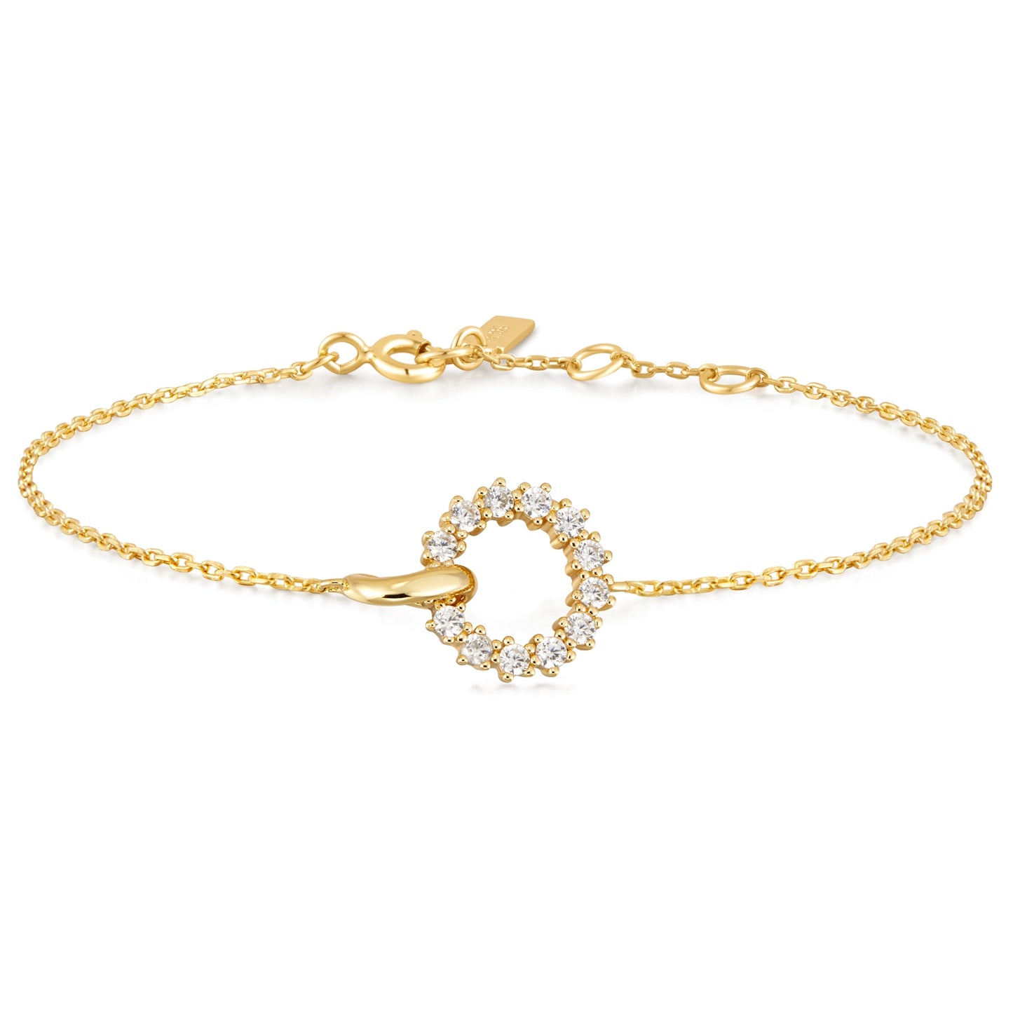 Interlinked circle gold chain bracelet with CZ stones