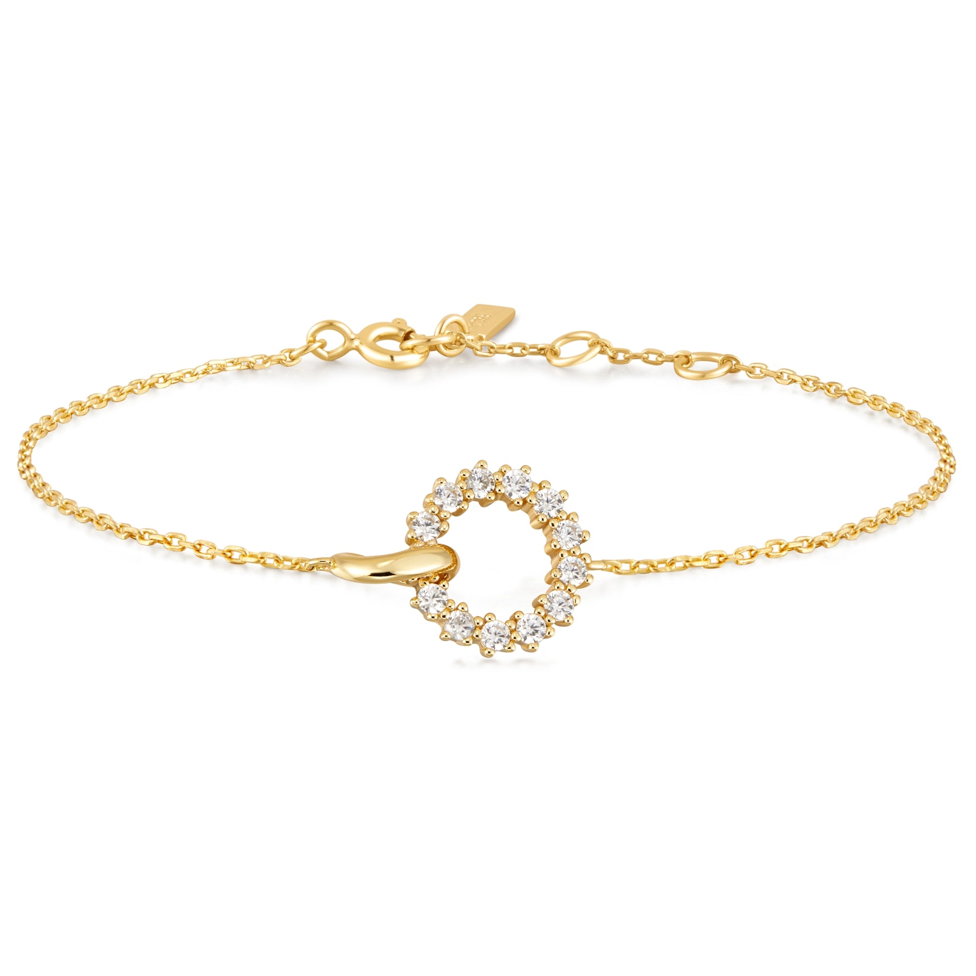 Interlinked circle gold chain bracelet with CZ stones