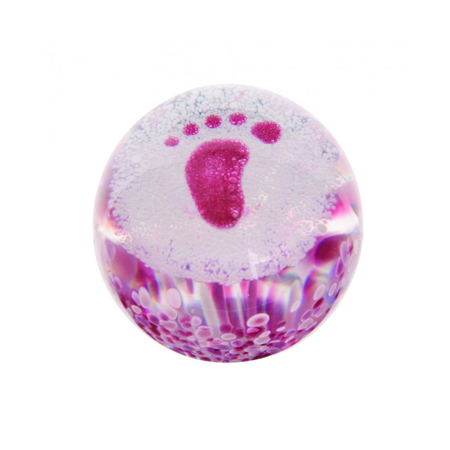 Round glass paperweight with pink baby footprint and pink confetti details