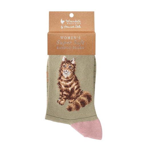 Cat socks in light khaki green with stripe pattern and pink heel and toe