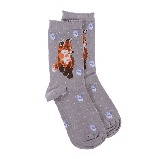 A pair of warm grey socks with a little baby fox cub picture and white polka dots