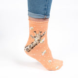 Model wearing a pair of coral pink socks with a giraffe and daisies picture and white polka dots