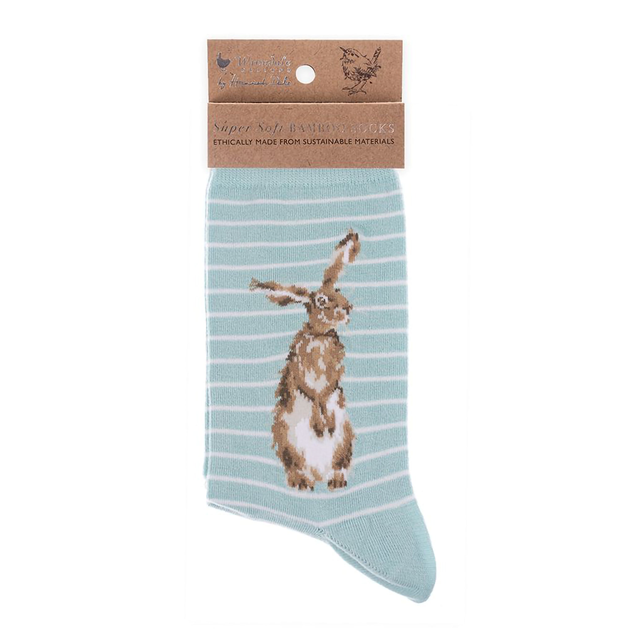 Folded pair of light duck egg blue socks with a hare picture and white stripes