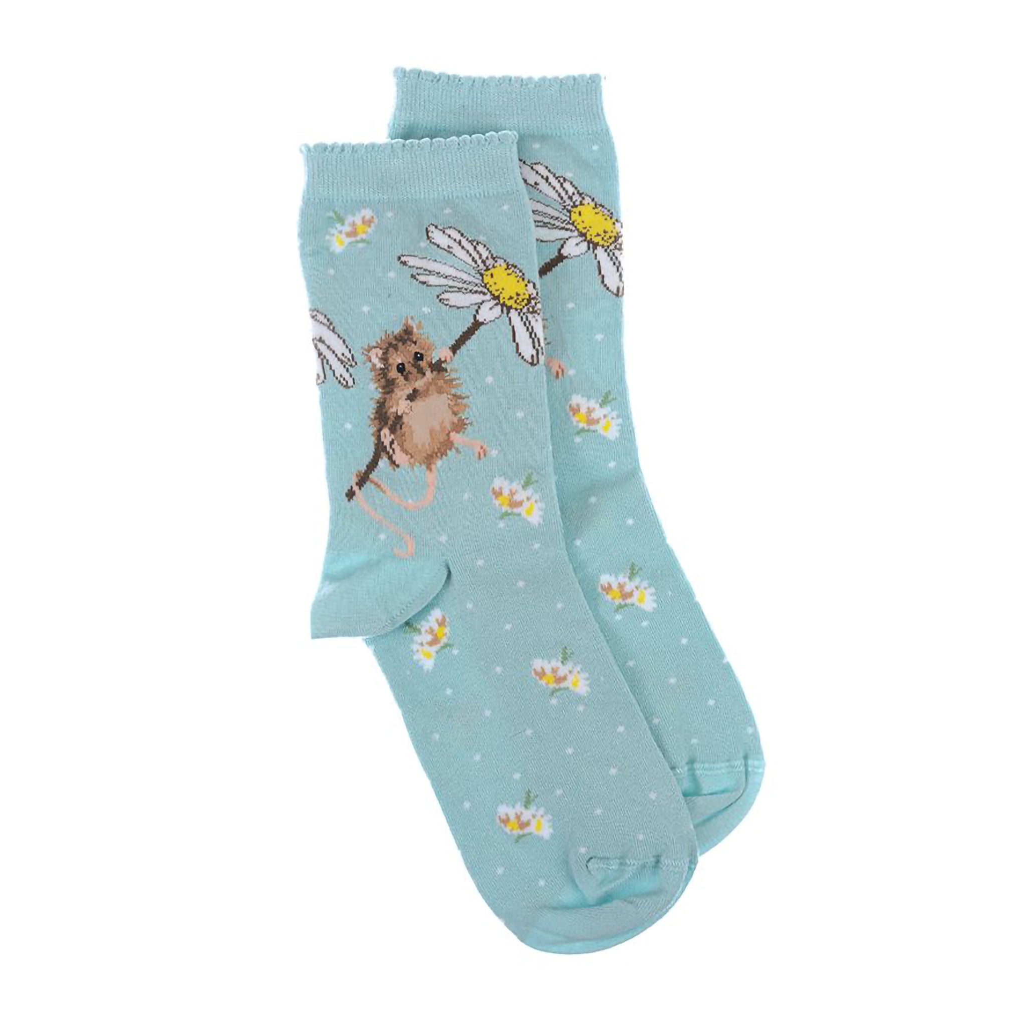 A pair of light blue socks with a mouse holding a daisy picture and white polka dots