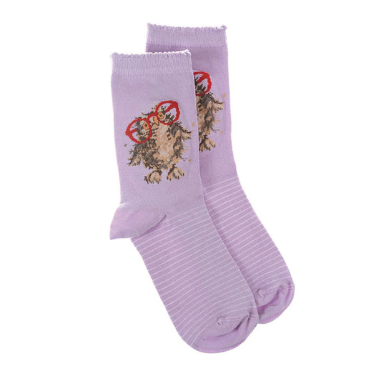 A pair of lilac purple socks with a owl with red glasses picture and white stripes