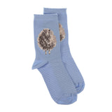 A pair of light blue socks with a fluffy sheep picture and white stripes