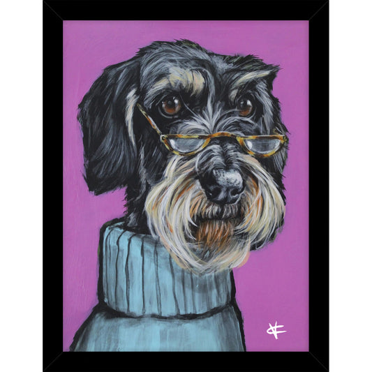 A rectangular framed print featuring a schnauzer dog with half moon glasses and a blue turtleneck jumper