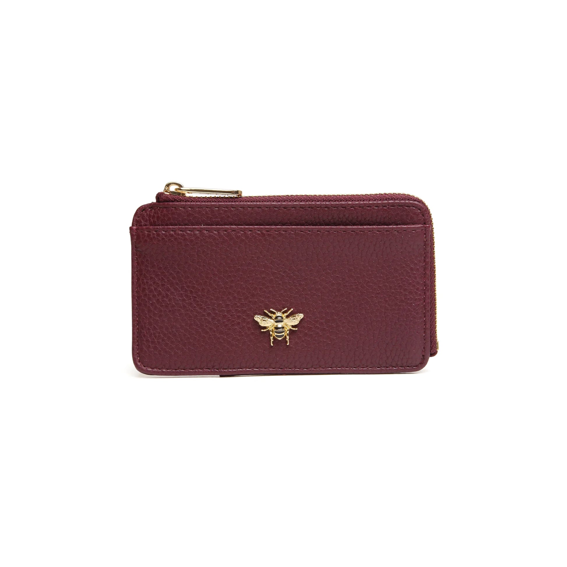 Berry red faux leather purse with bee emblem and zip closure