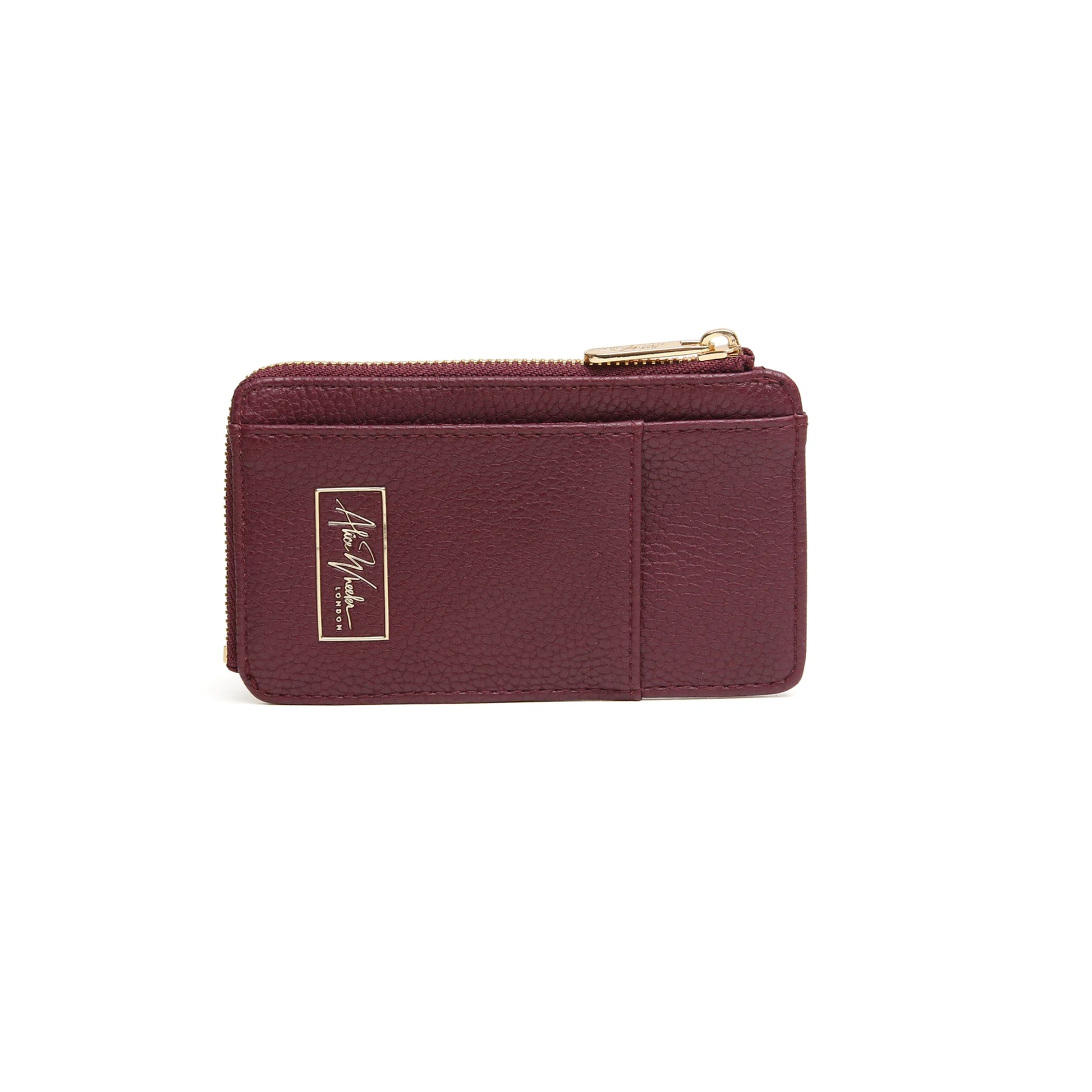 Berry red faux leather purse with gold embossed logo and zip closure