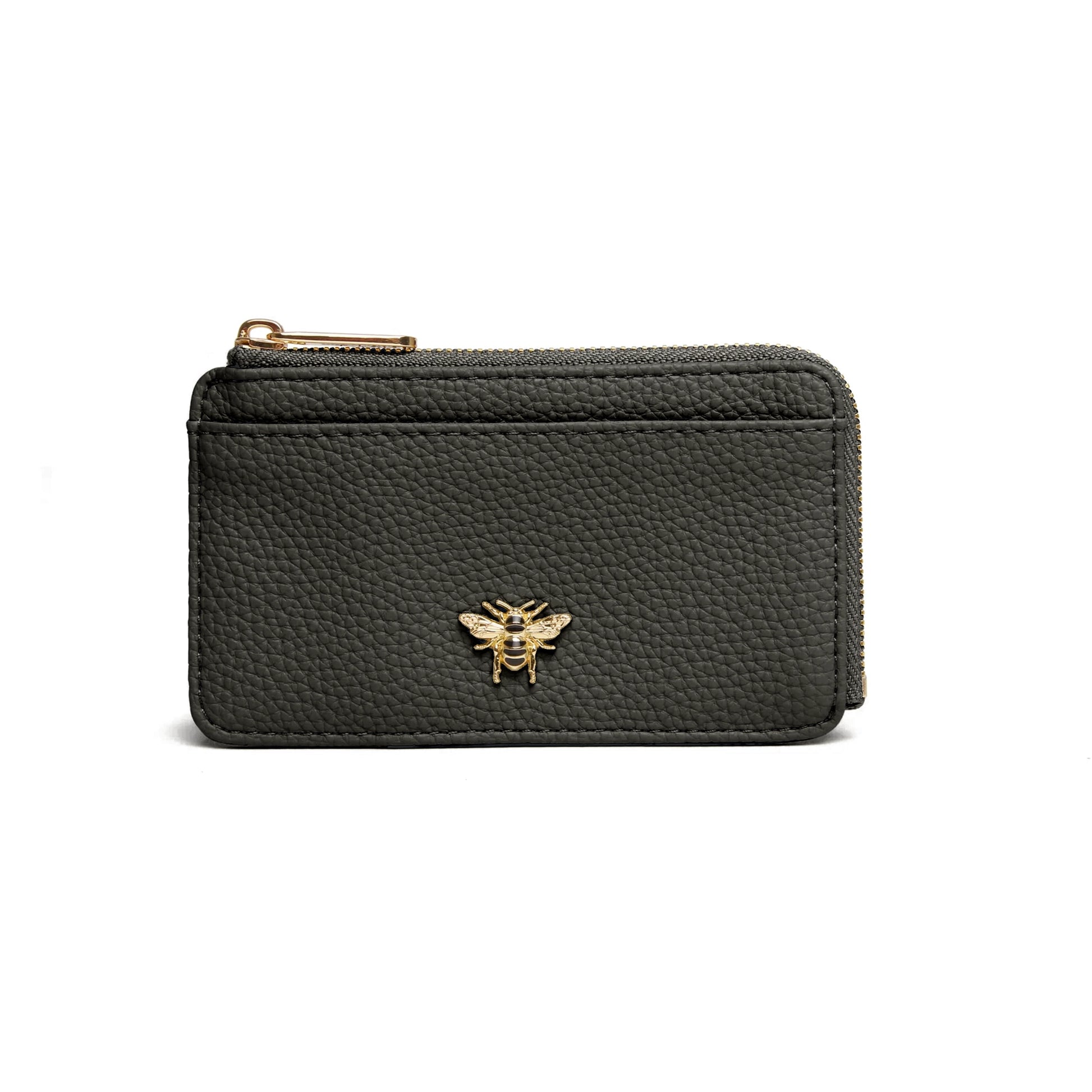 Black faux leather purse with bee emblem and zip closure