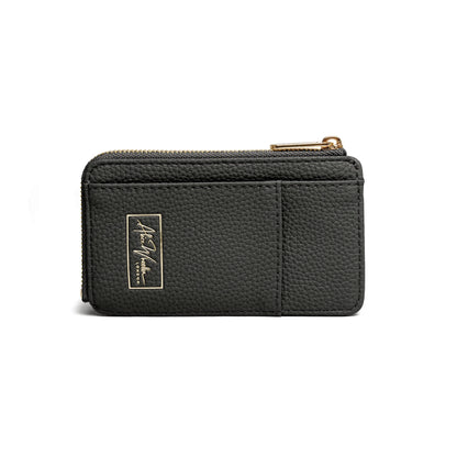 Black faux leather purse with gold embossed logo and zip closure